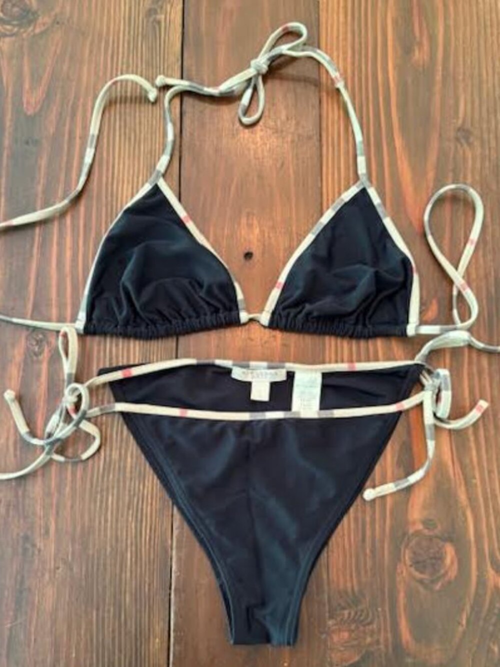 NEW Burberry Brit Black Check Trim Bikini Bathing Suit Swimsuit Plaid Size Lrg